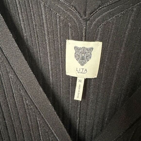 LITA by Ciara Black Rib V Neck Cardigan Button Front Midi Dress - Picture 5 of 11